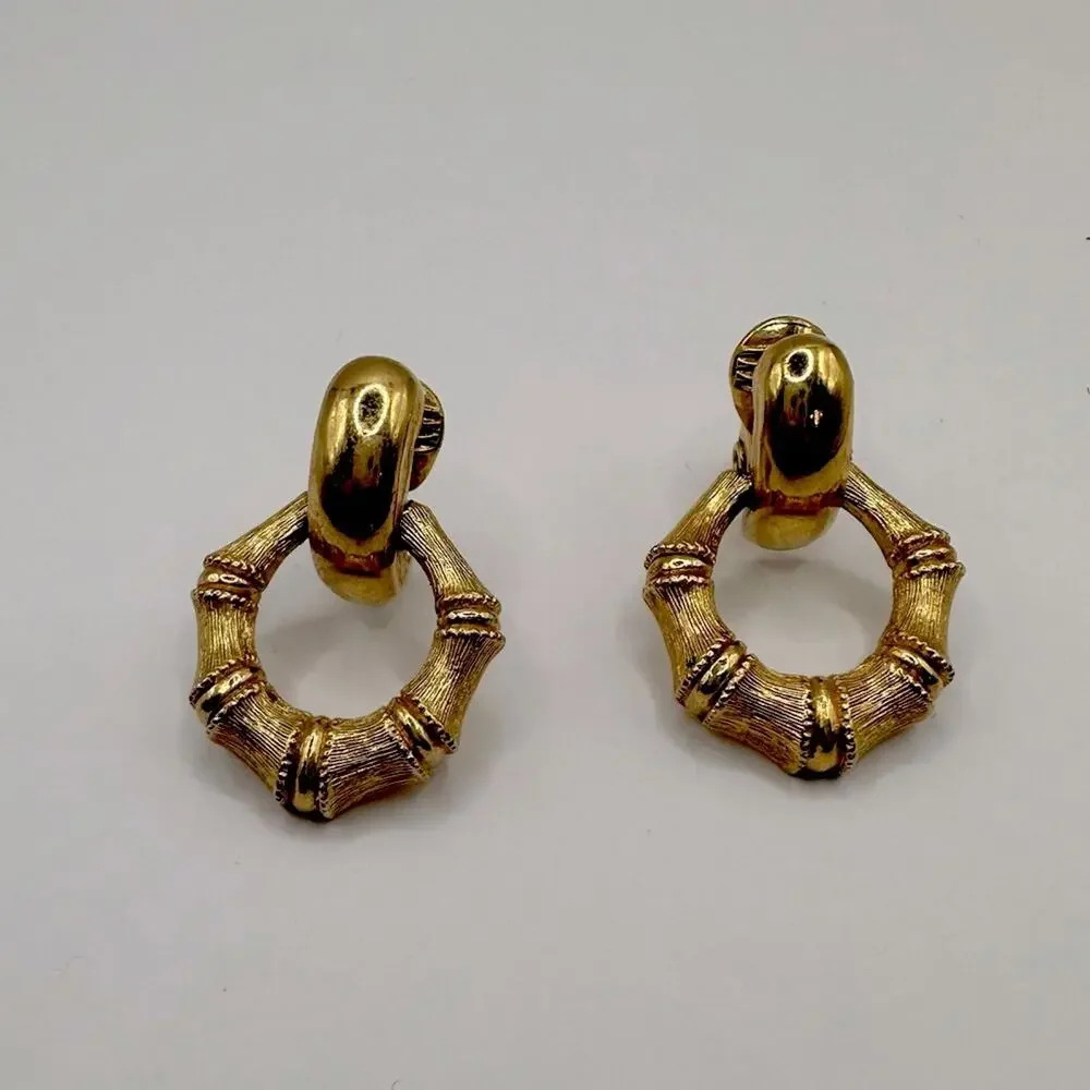 Vintage Monet Earrings Door Knocker Bamboo Earrings Clip On VTG 80s Gold tone
